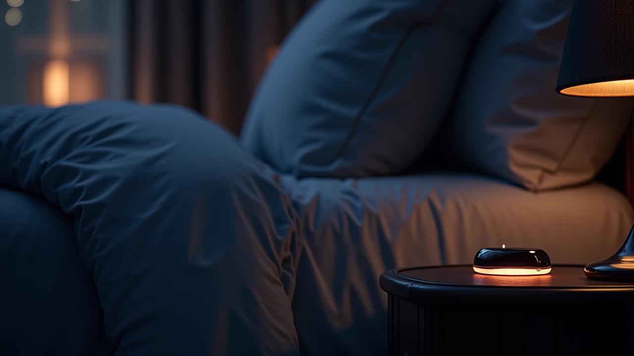 Chambre élégante avec lueur discrète d'un tracker de sommeil en charge sur une table de nuit, ambiance nocturne sereine