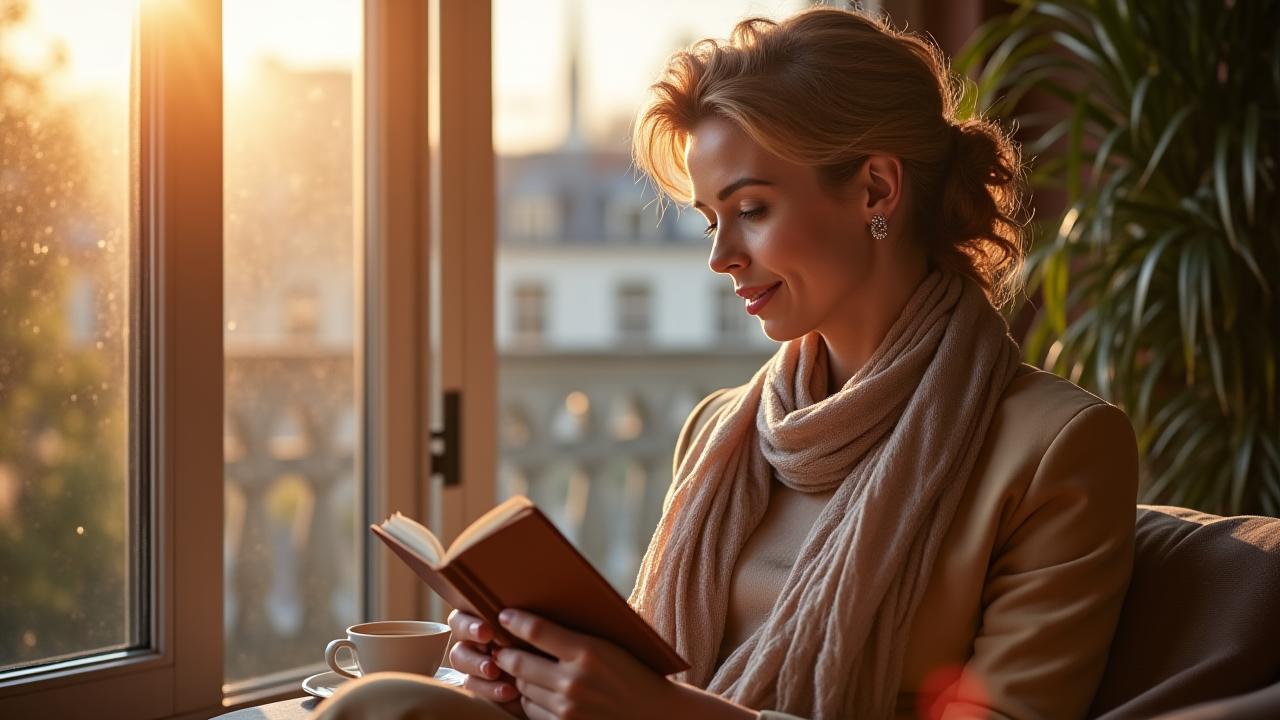 Femme souriante lisant un livre dans un café parisien baigné de lumière naturelle, symbolisant le bien-être et la connaissance.