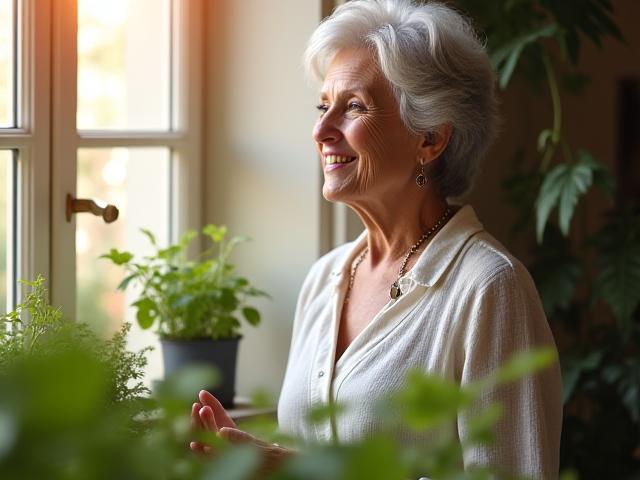 Personne âgée souriante et active, pratiquant la méditation dans un jardin calme, symbolisant la vitalité et la longévité.