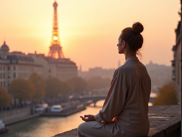 Femme méditant paisiblement au lever du soleil sur un balcon parisien, avec vue sur les toits, évoquant la pleine conscience et la sérénité.