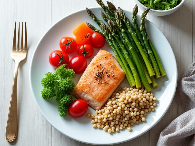 Assiette colorée et équilibrée avec des légumes frais et des protéines maigres, présentée de manière artistique.