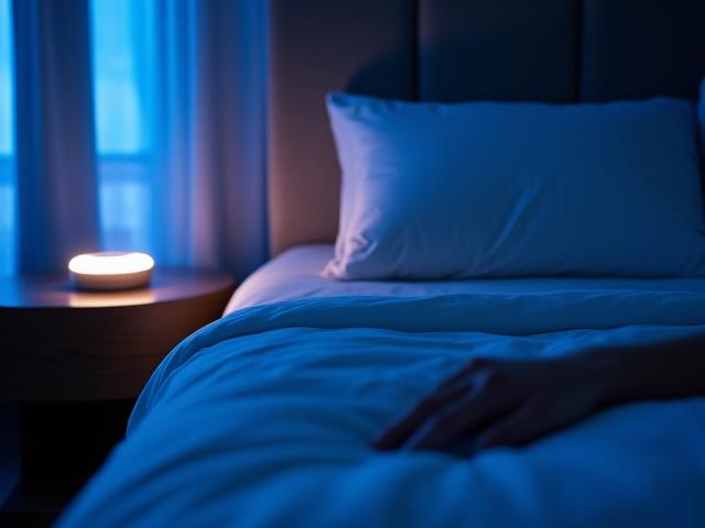 Personne endormie paisiblement dans un lit douillet, entourée de lumières tamisées et d'une ambiance sereine.