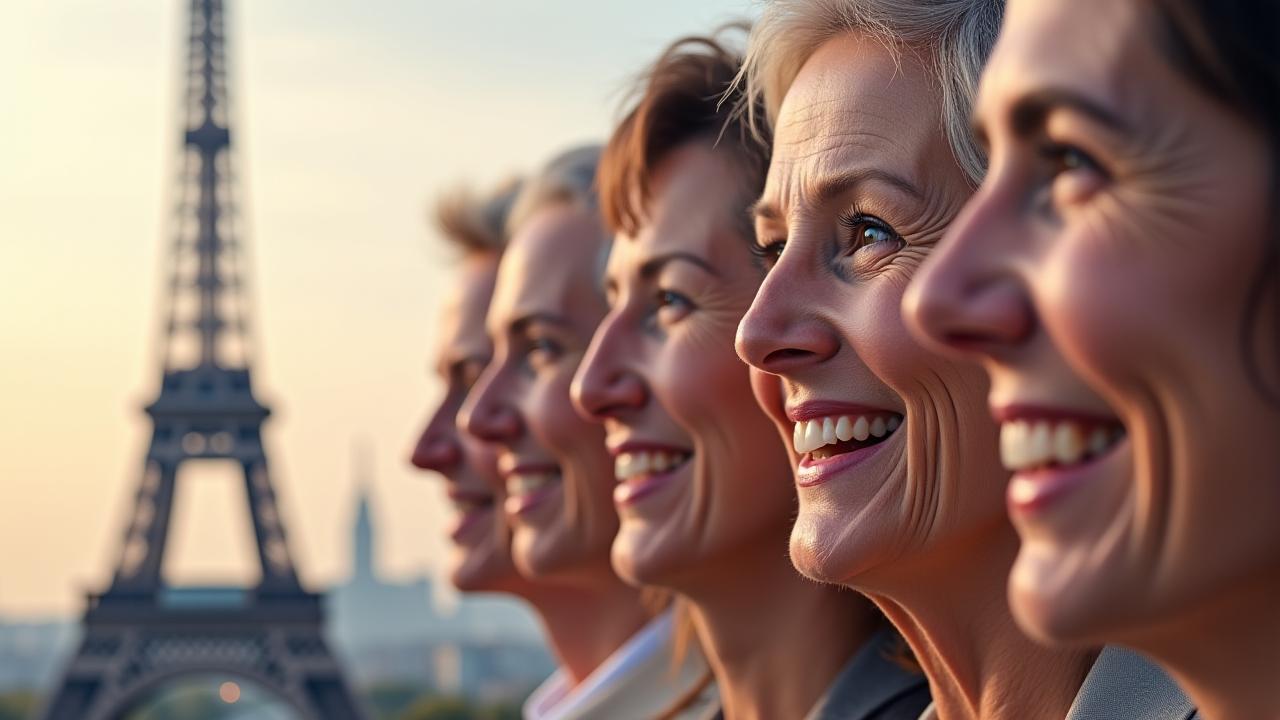 Montage de visages souriants d'adultes 35+ à Paris avec une Tour Eiffel stylisée en fond, symbolisant le réseau et la communauté Belle Époque Vie.