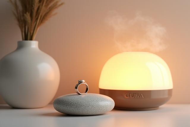 Composition élégante de produits technologiques de bien-être : une bague connectée discrète reposant sur une surface texturée, une lampe de luminothérapie douce émettant une lumière chaude, et un élégant diffuseur d'huiles essentielles. Le tout est présenté dans un style minimaliste et luxueux.
