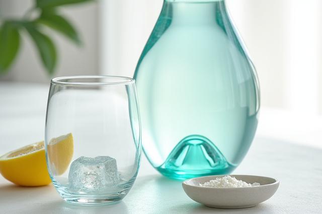 Bouteille d'eau élégante de forme organique, remplie d'eau cristalline et d'une tranche de citron, sur une surface minimaliste. À côté, un verre d'eau, et une petite soucoupe avec des électrolytes en poudre fins à ajouter.