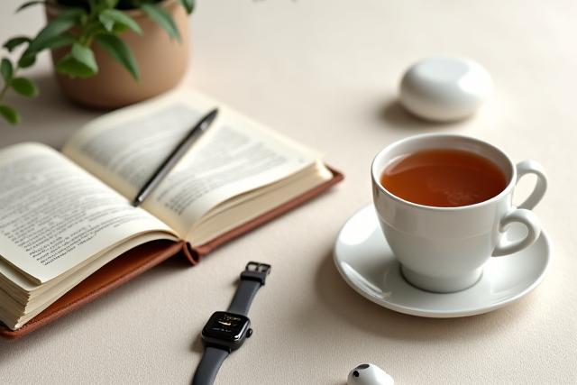 Composition élégante d'objets symbolisant le bien-être et la productivité : une tasse de thé fumante, un carnet en cuir ouvert, une plante verte minimaliste, une montre connectée et des écouteurs sans fil posés avec soin sur une surface naturelle.