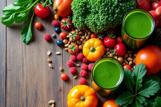 Assortiment de légumes frais et jus verts illustrant l'alimentation vivante