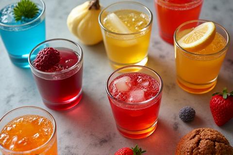 Boissons détox colorées et fruits frais sur une table d'accueil d'événement