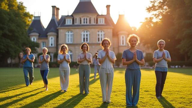 Groupe de personnes pratiquant le yoga en extérieur devant un château