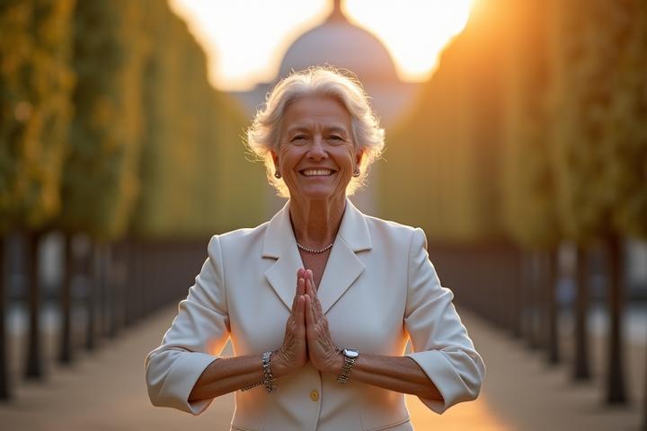 Photo d'une femme âgée souriante et active, pratiquant le yoga dans un parc parisien