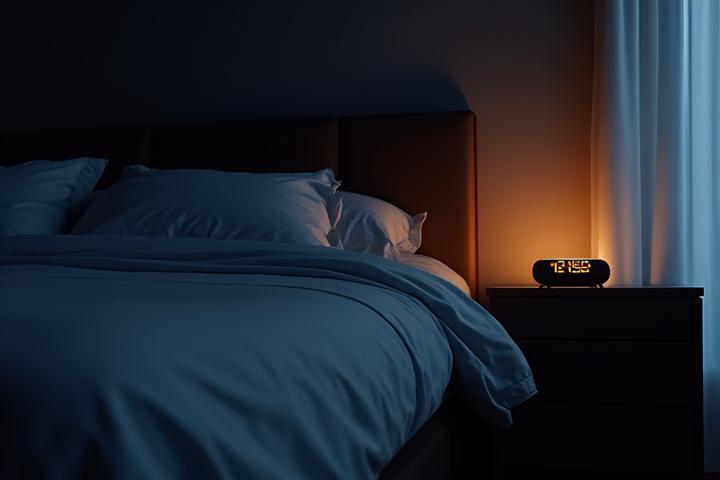 Photo d'une chambre sereine avec un appareil de suivi du sommeil discret sur une table de nuit.