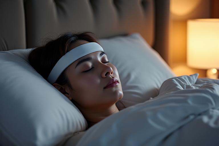 Le bandeau de sommeil EEG Dreem 2 porté par une personne dormant paisiblement dans un lit élégant.