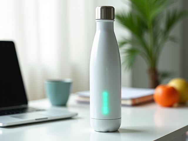 Bouteille d'eau intelligente HidrateSpark PRO sur une table avec des fruits et un ordinateur portable.