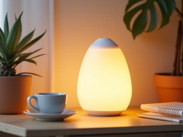 Lampe de luminothérapie Lumie allumée sur un bureau, éclairant doucement l'espace de travail.