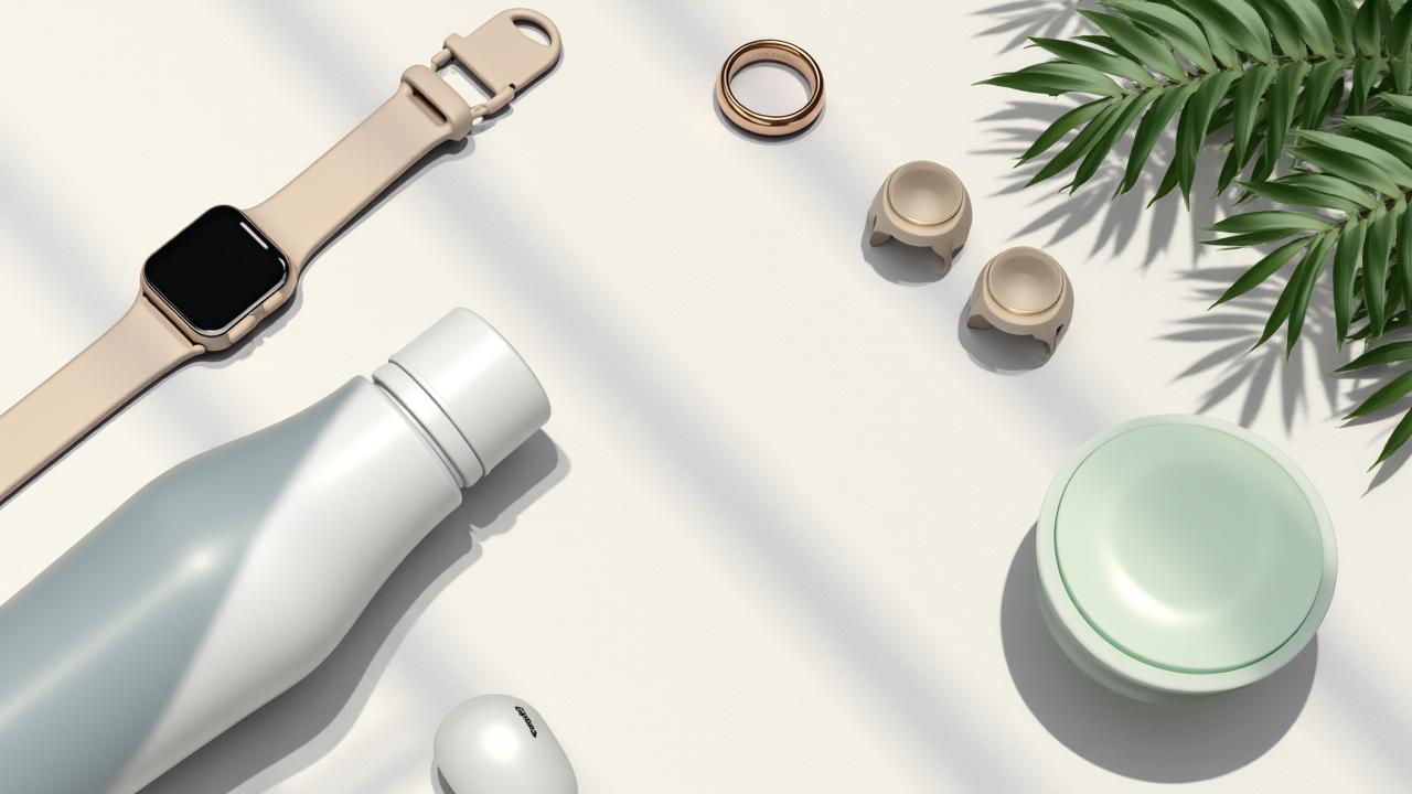 Un élégant flat lay de plusieurs produits tech bien-être sur un fond texturé. Bracelet connecté, montre intelligente, écouteurs de méditation, bouteille d'eau intelligente.