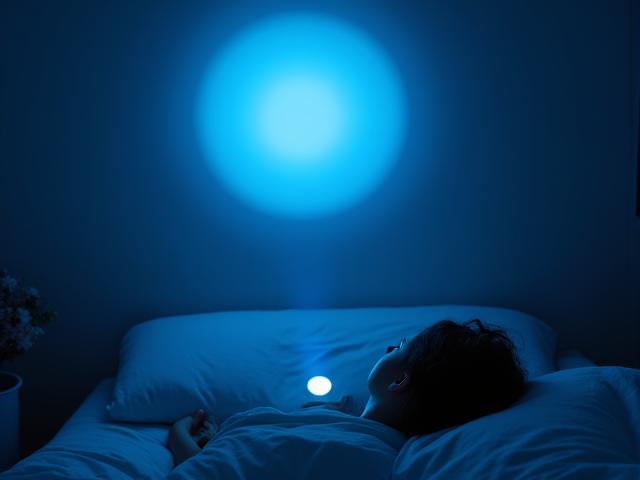 Appareil lumineux Dodow projetant une douce lumière bleue sur le plafond d'une chambre sombre